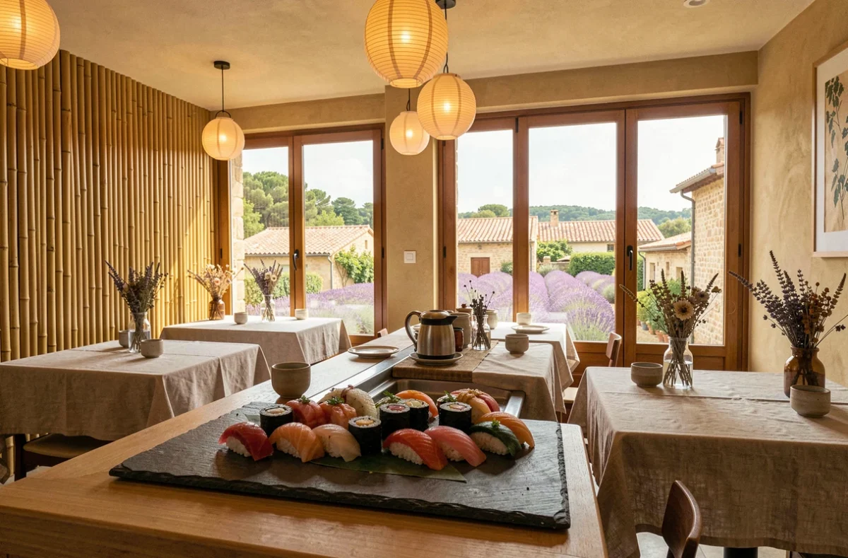 Vue grand angle d'un restaurant japonais élégant en Provence avec comptoir à sushis et paysage méditerranéen en arrière-plan
