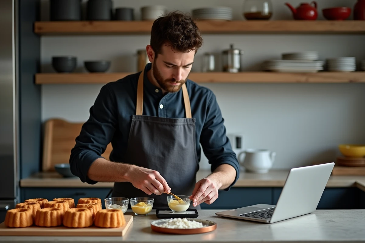 Homme pesant les ingrédients pour canelés sur une balance de cuisine avec des moules alignés, adaptation des quantités pour grande tablée