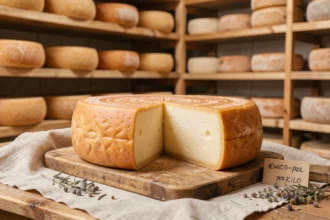 Meule de Beaufort AOP posée sur une planche en bois rustique dans une fromagerie alpine traditionnelle, avec une étiquette prix au kilo