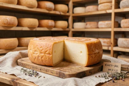 Meule de Beaufort AOP posée sur une planche en bois rustique dans une fromagerie alpine traditionnelle, avec une étiquette prix au kilo