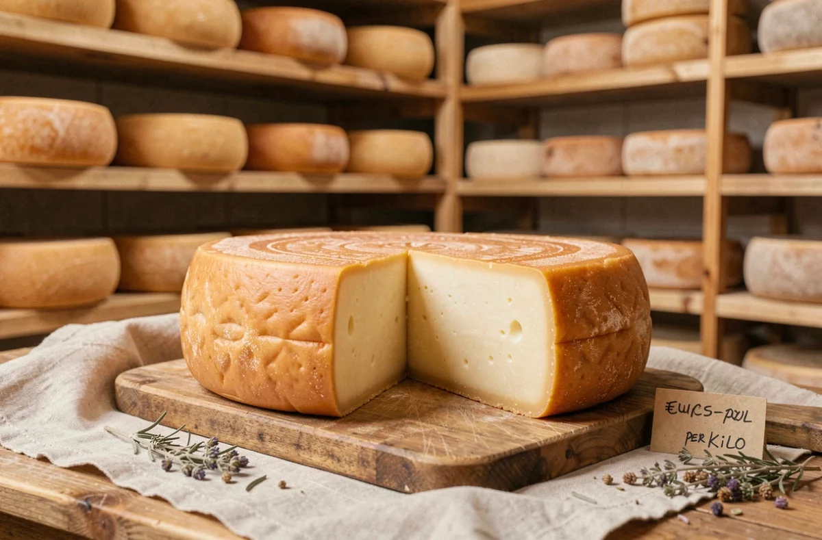 Meule de Beaufort AOP posée sur une planche en bois rustique dans une fromagerie alpine traditionnelle, avec une étiquette prix au kilo
