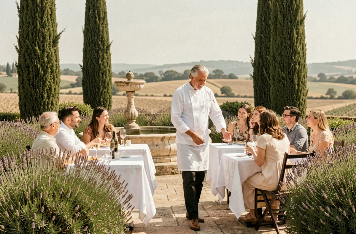 Chef Michel Kayser sur la terrasse provençale du Restaurant Alexandre à Garons entouré de végétation méditerranéenne