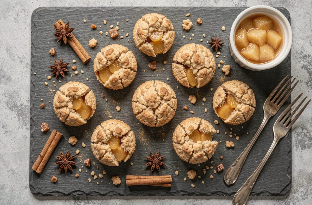 Vue aérienne de mini gâteaux crumble à la compote de pomme sur une planche en ardoise avec épices et sucre brun