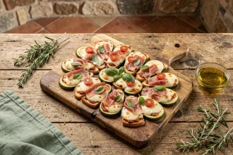 Plateau de mini pizzas à la courgette façon apéro dinatoire, garnies de mozzarella fondue, tomates cerise et basilic frais sur une planche en bois rustique
