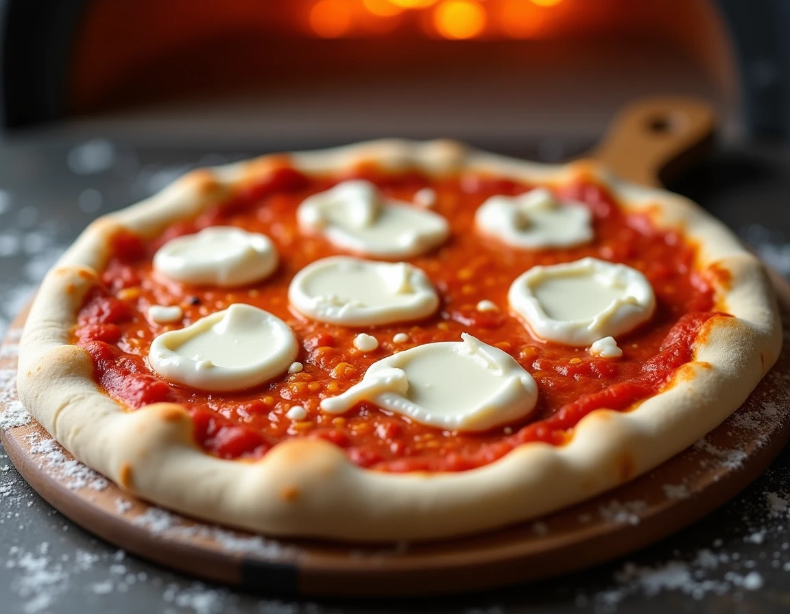 Mozzarella fior di latte déchirée disposée sur une base de sauce tomate rouge vif sur une pizza napolitaine crue