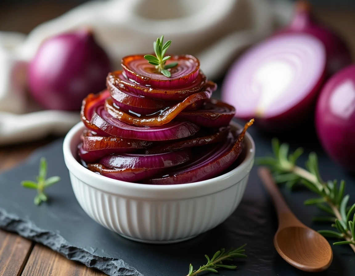 Oignons rouges caramélisés brillants et translucides dans un ramekin en céramique blanche avec thym frais