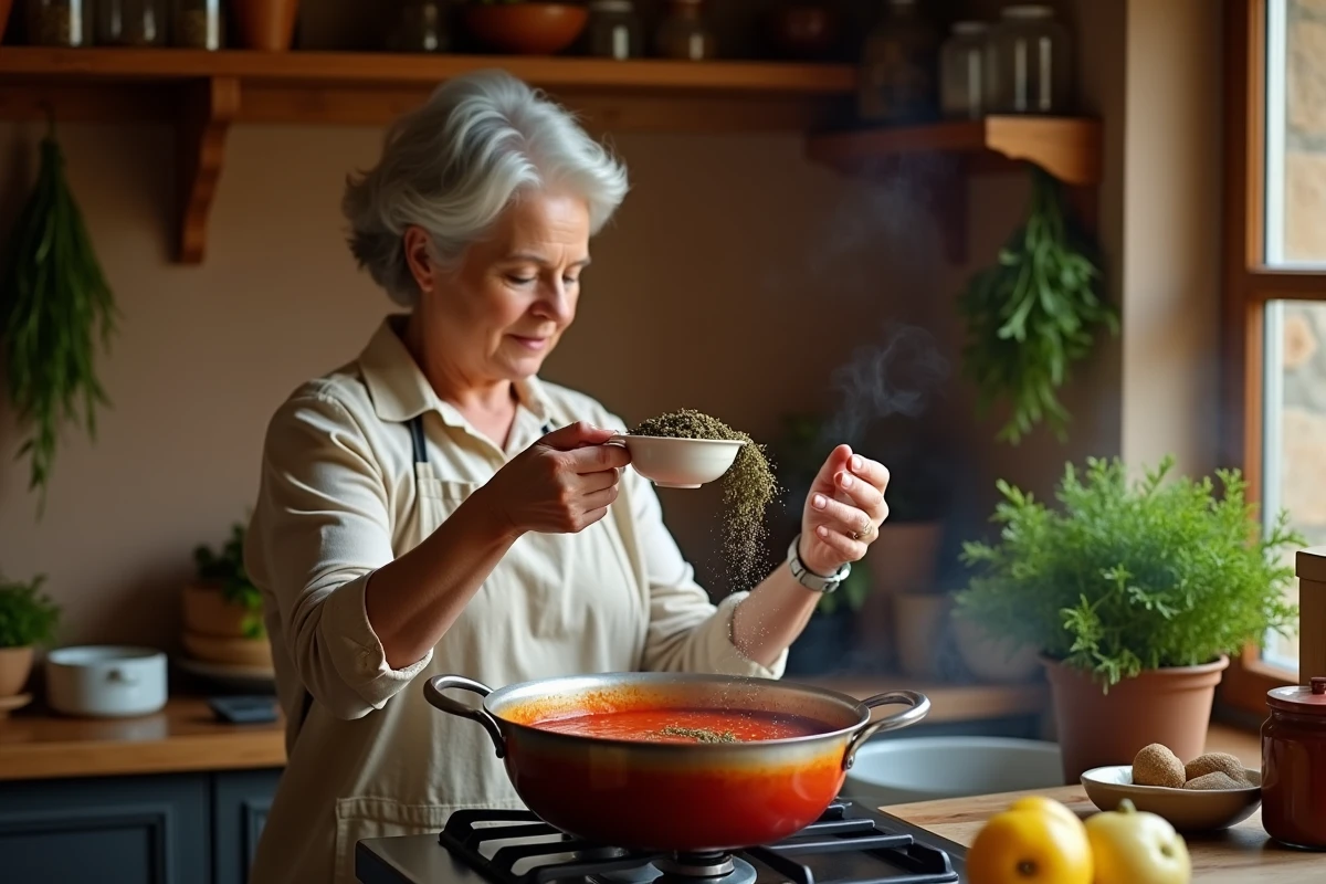 Femme ajoutant de l'origan séché dans une sauce tomate maison sur une cuisinière rustique