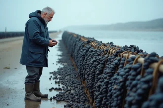 Ostréiculteur inspectant des moules de bouchot sur un estran à marée basse en Normandie