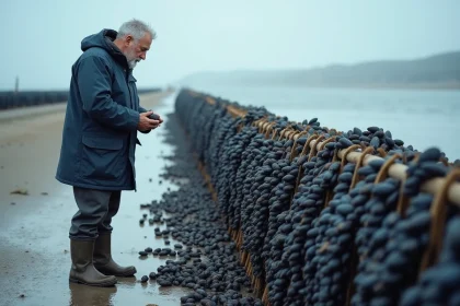 Ostréiculteur inspectant des moules de bouchot sur un estran à marée basse en Normandie