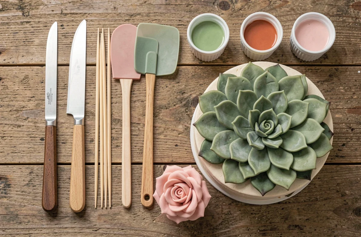 Outils du quotidien utilisés pour créer une pâtisserie trompe l'œil végétale sans matériel professionnel