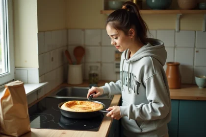 Étudiante en hoodie préparant un pain à la poêle dans une petite cuisine de studio avec une poêle en fonte