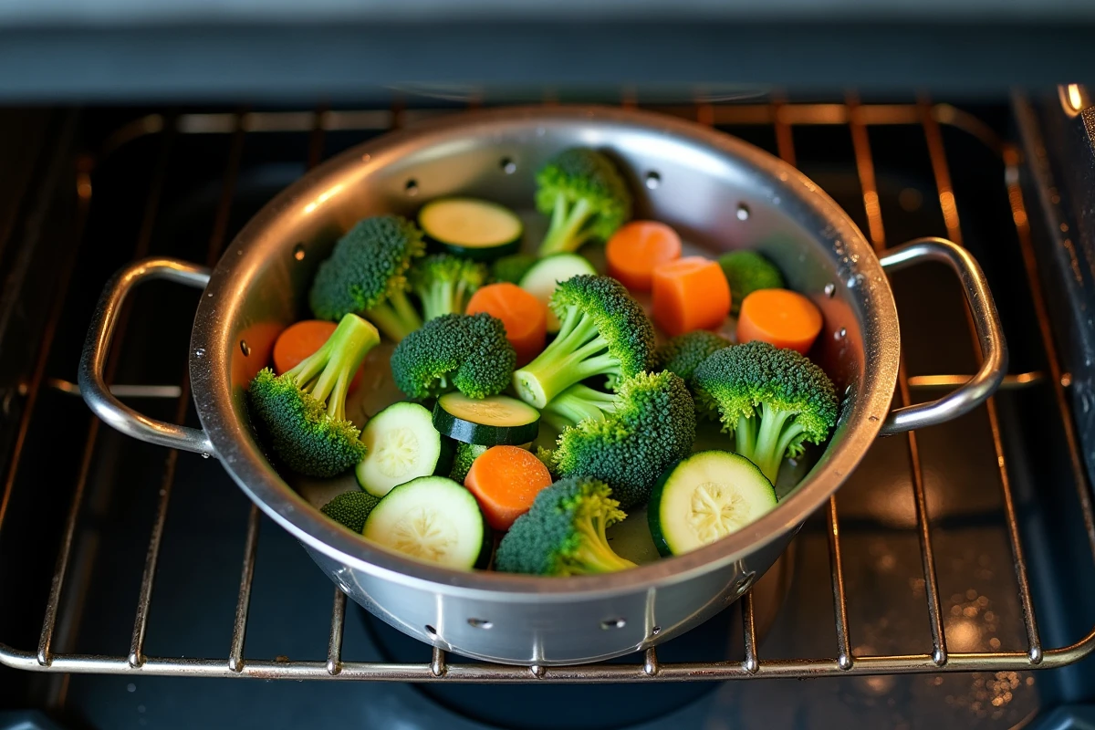 Panier vapeur perforé chargé de légumes dans un four domestique avec bac d'eau