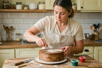 Femme réalisant une pâtisserie trompe l'œil effet bois avec des outils simples dans une cuisine de particulier