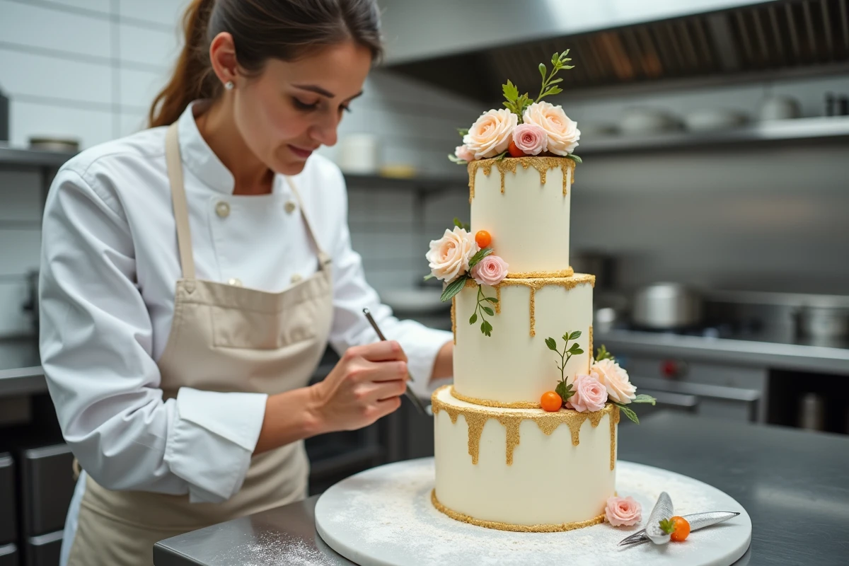 Pâtissière professionnelle décorant un gâteau à étages dans une cuisine moderne pour l'émission Le Meilleur Pâtissier