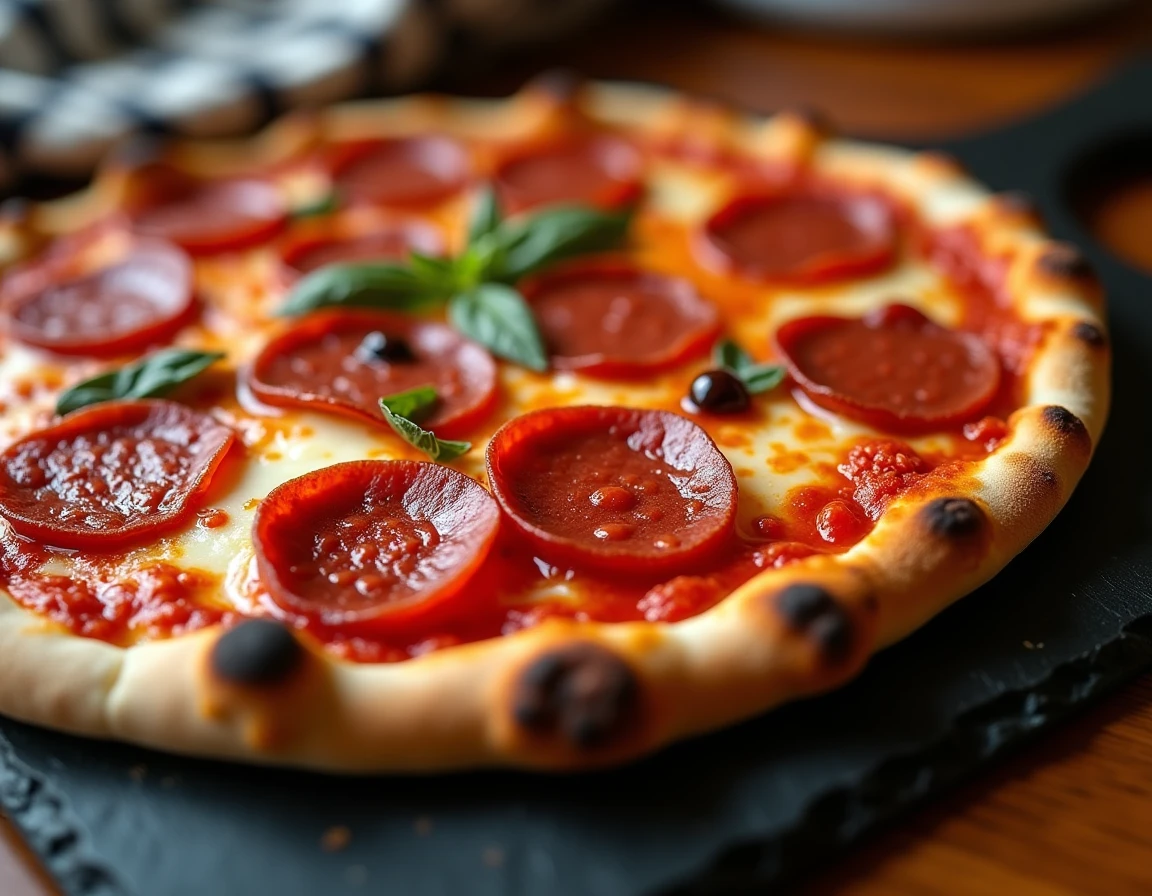 Tranches de pepperoni et soppressata épicée croustillantes et caramélisées sur une pizza chaude sortie du four