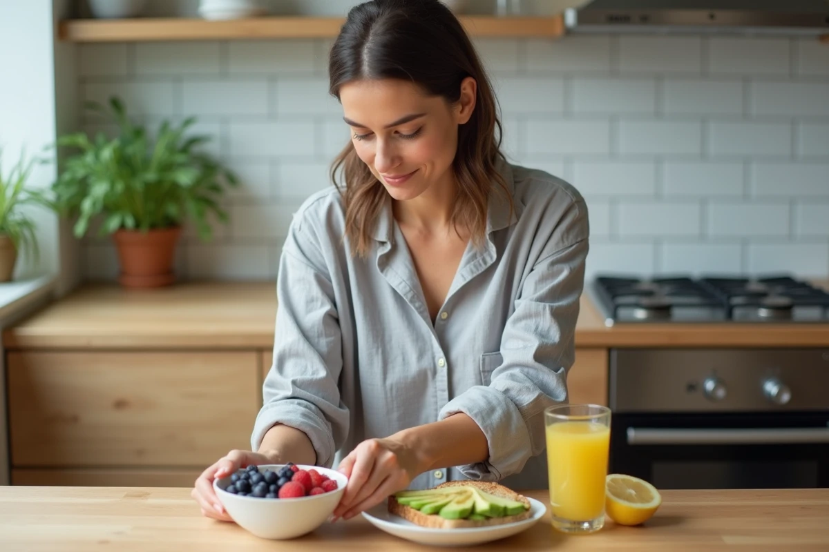 Femme préparant un petit déjeuner équilibré pour le jeûne intermittent avec des baies, de l'avocat et de l'eau citronnée