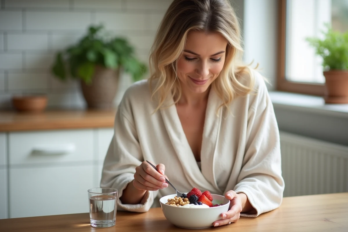 Femme préparant un petit déjeuner sain pour le jeûne intermittent avec yaourt grec, baies et noix sur une table en bois