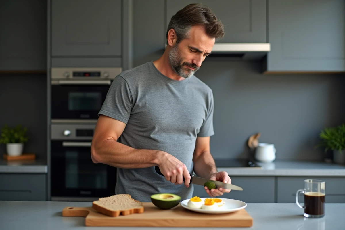 Homme préparant un petit déjeuner riche en protéines avec avocat, œufs mollets et café noir pour respecter le jeûne intermittent