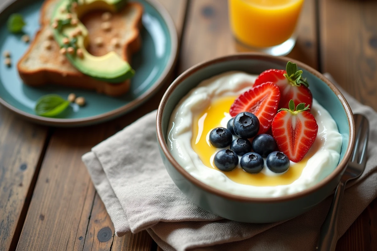 Petit-déjeuner sain avec yaourt grec, fruits frais, toast à l'avocat et jus d'orange sur une table en bois rustique