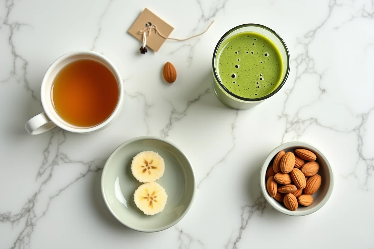 Vue de dessus d'un petit déjeuner équilibré pour le jeûne intermittent avec smoothie vert, amandes, banane et tisane sur marbre