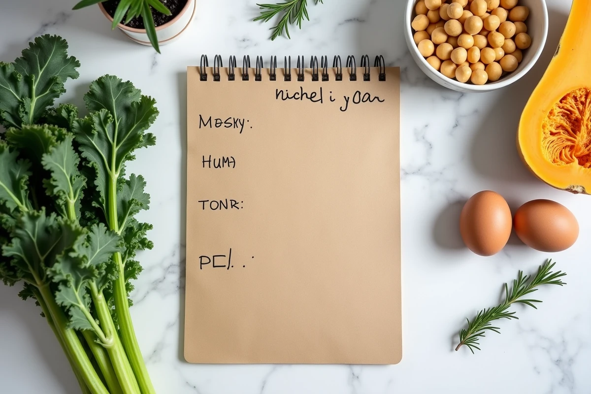 Plan de repas hebdomadaire manuscrit entouré d'ingrédients bruts et sains comme le chou kale, les pois chiches et la courge butternut