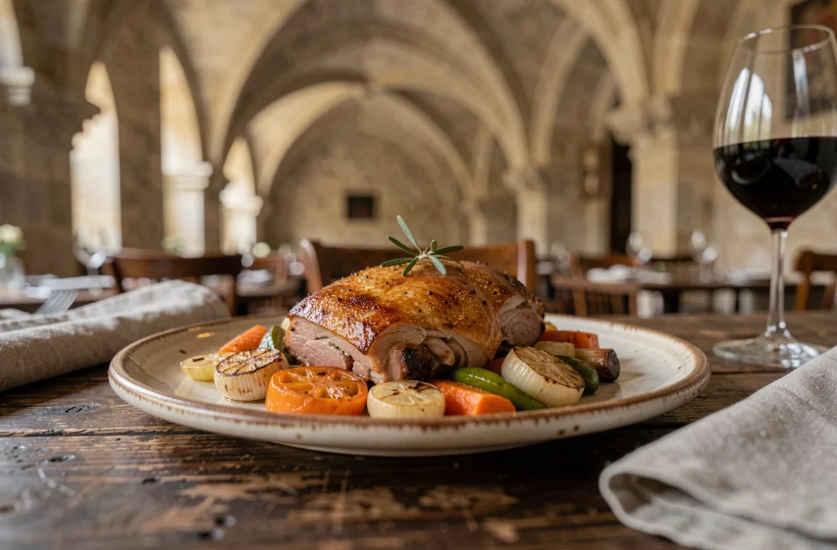 Assiette de confit de canard dressée avec soin dans un restaurant gastronomique du centre historique de Carcassonne