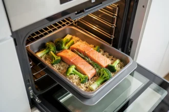 Plateau de poisson, légumes et boulgour dans un four vapeur ouvert