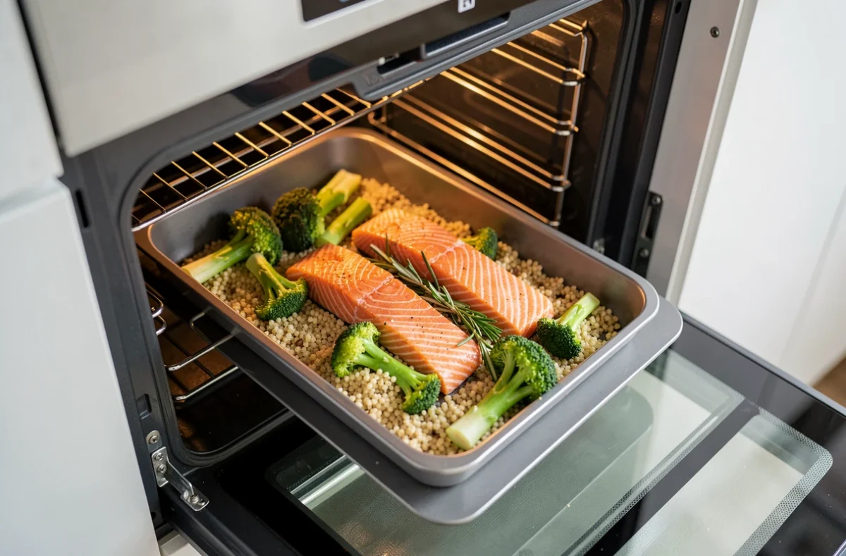 Plateau de poisson, légumes et boulgour dans un four vapeur ouvert