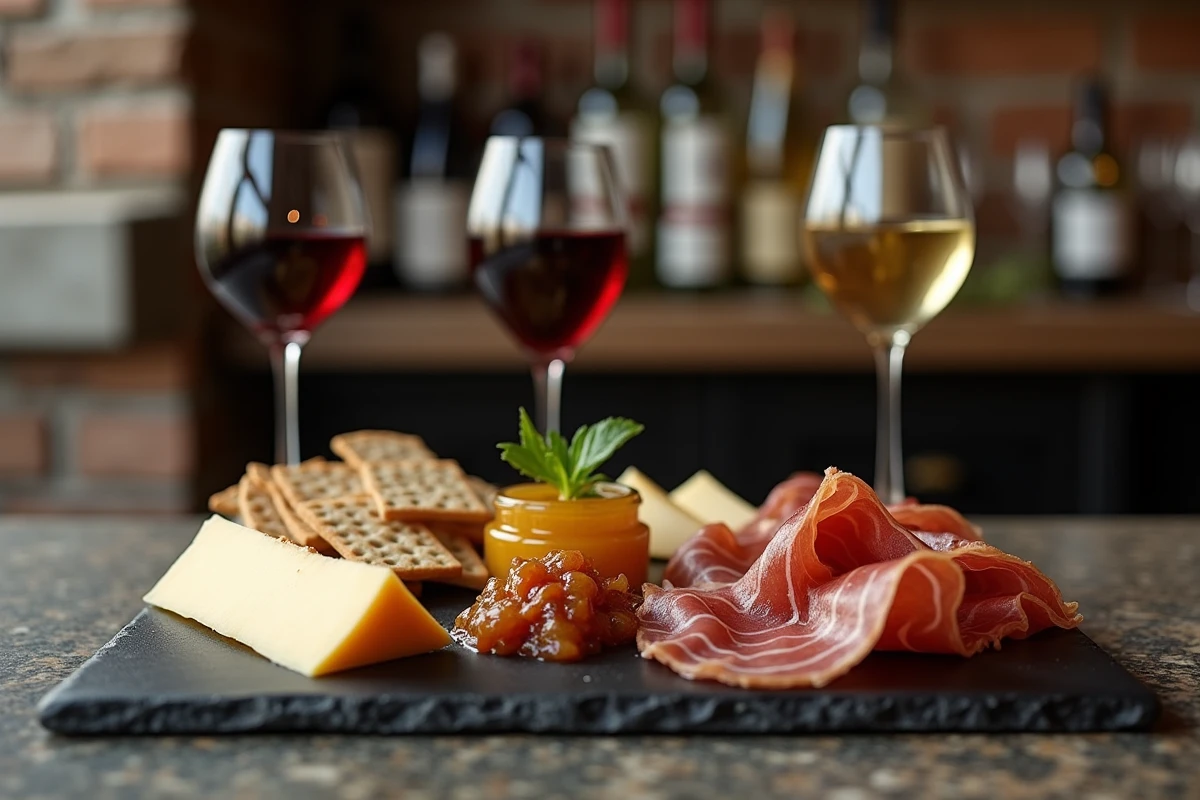 Plateau de fromages et charcuterie avec accord vins Côtes du Rhône et Sancerre dans un bar à vins français