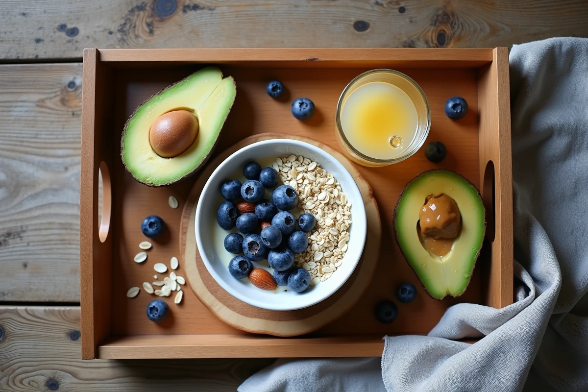 Plateau petit-déjeuner sain pour casser le jeûne intermittent avec porridge, avocat et eau citronnée