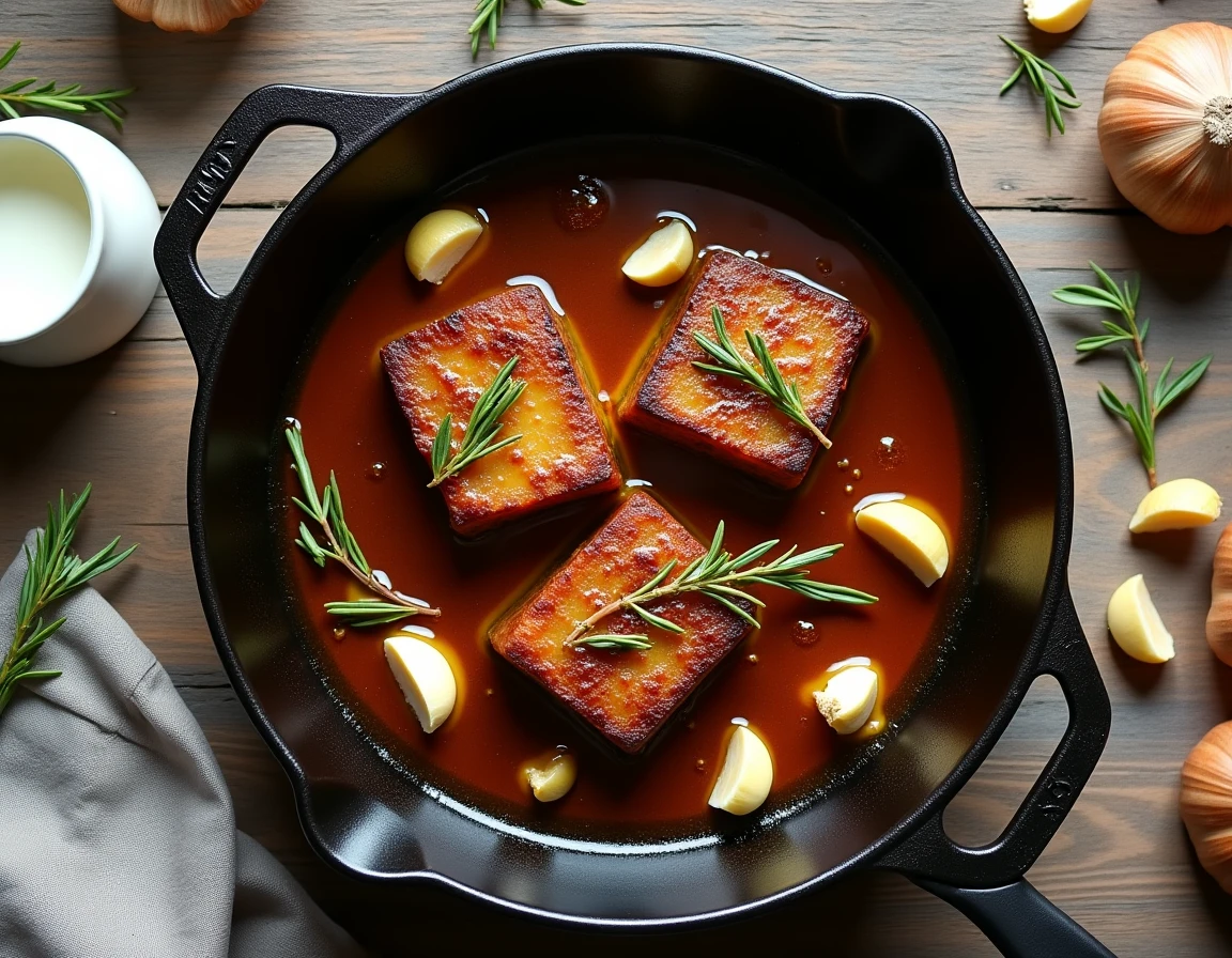 Poêle en fonte avec sauce de rôti de veau caramélisée aux herbes et à l'ail sur table en bois rustique