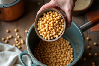 Pois chiches secs versés dans une cocotte-minute sur un plan de travail en bois rustique, cuisine de campagne française