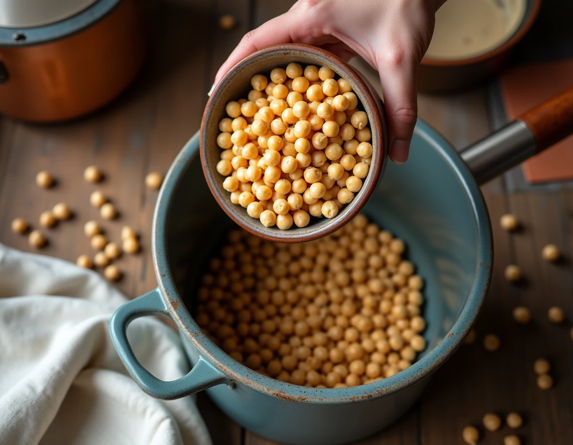 Pois chiches secs versés dans une cocotte-minute sur un plan de travail en bois rustique, cuisine de campagne française