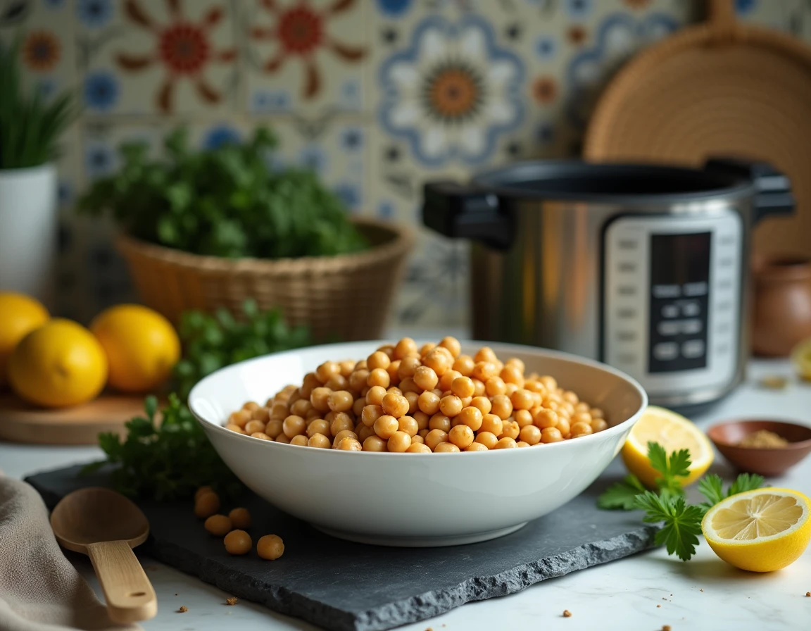 Bol de pois chiches cuits entourés de citron, persil et épices sur un plan de travail en marbre dans une cuisine provençale