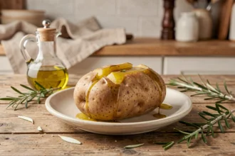 Pomme de terre au four arrosée d'huile d'olive extra vierge sur une assiette en céramique rustique avec romarin frais
