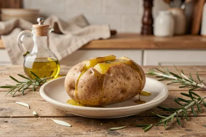 Pomme de terre au four arrosée d'huile d'olive extra vierge sur une assiette en céramique rustique avec romarin frais