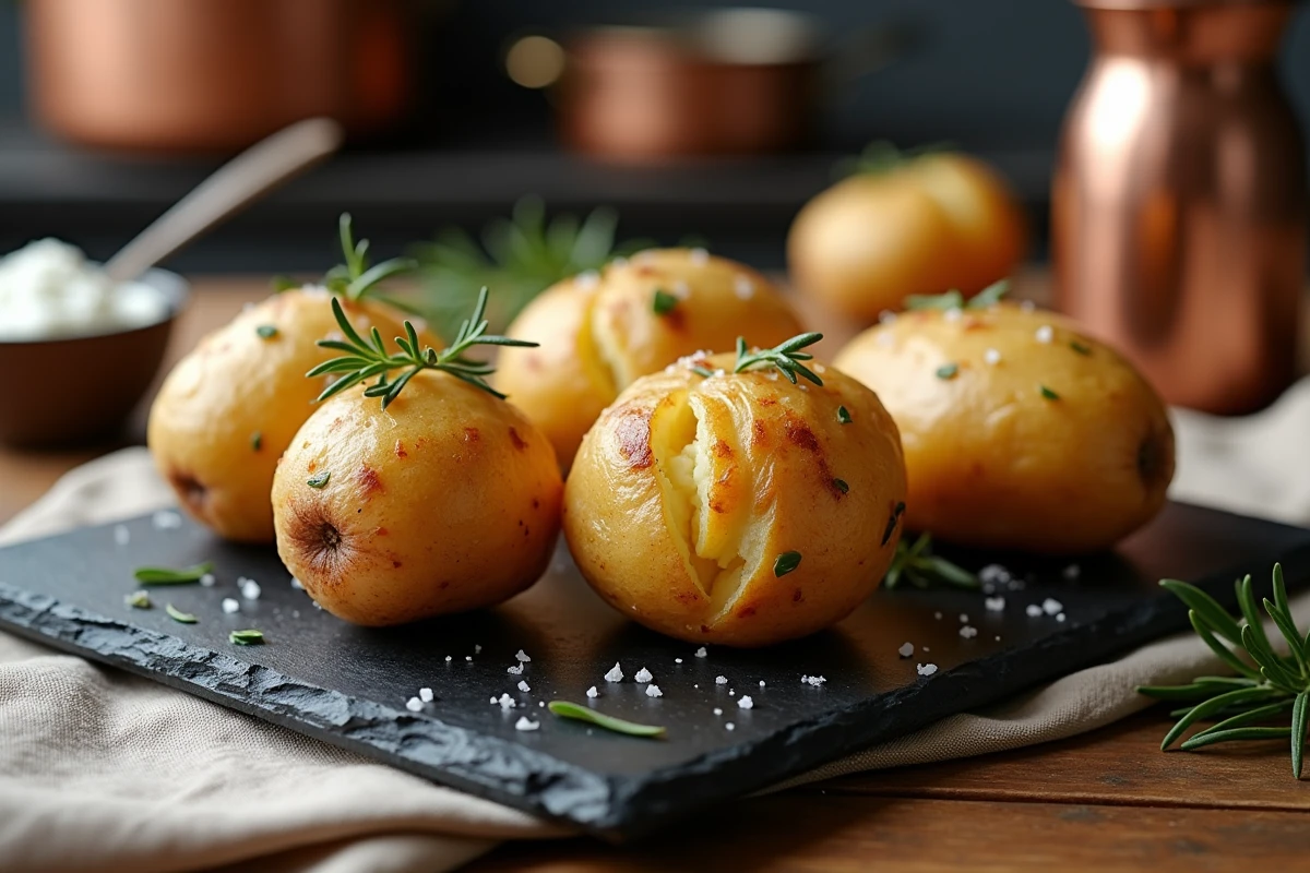Pommes de terre au four dorées et croustillantes sur une ardoise rustique avec fleur de sel et romarin, prêtes à être servies