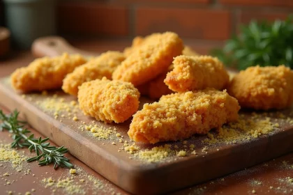 Morceaux de poulet panés à la farine de maïs disposés sur une planche en bois rustique avec du thym frais