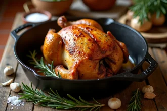 Poulet entier rôti doré dans une cocotte en fonte avec romarin et ail sur une table en bois rustique
