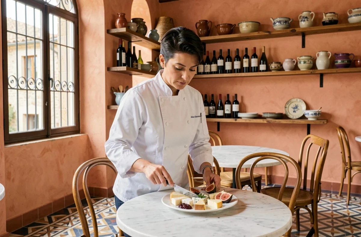Cheffe du Pré Saint-Jean à Pézenas présentant une assiette de fromages locaux dans un cadre bistrot authentique