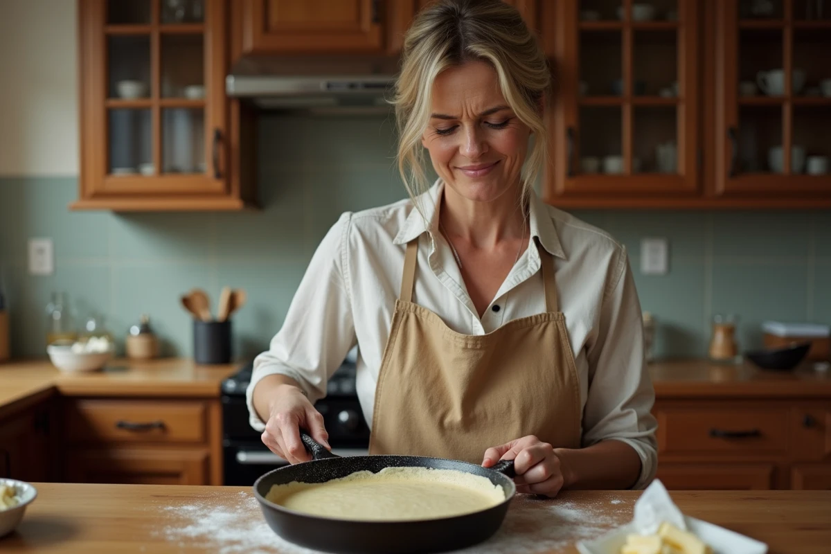 Femme en tablier regardant avec amusement une première crêpe ratée collée dans une poêle en fonte dans une cuisine chaleureuse