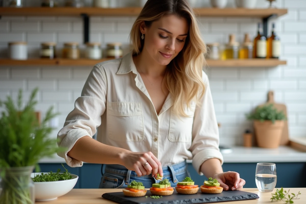 Femme préparant des mini-bouchées sans gluten pour un apéro dinatoire dans une cuisine moderne