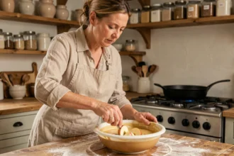 Femme préparant des beignets aux pommes en trempant des rondelles de pomme dans une pâte à frire dans une cuisine rustique