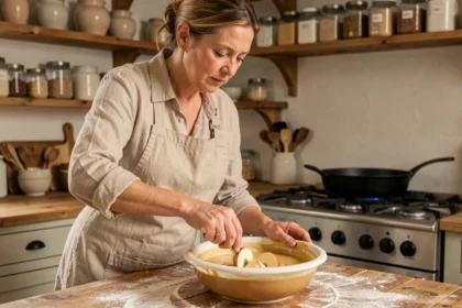 Femme préparant des beignets aux pommes en trempant des rondelles de pomme dans une pâte à frire dans une cuisine rustique