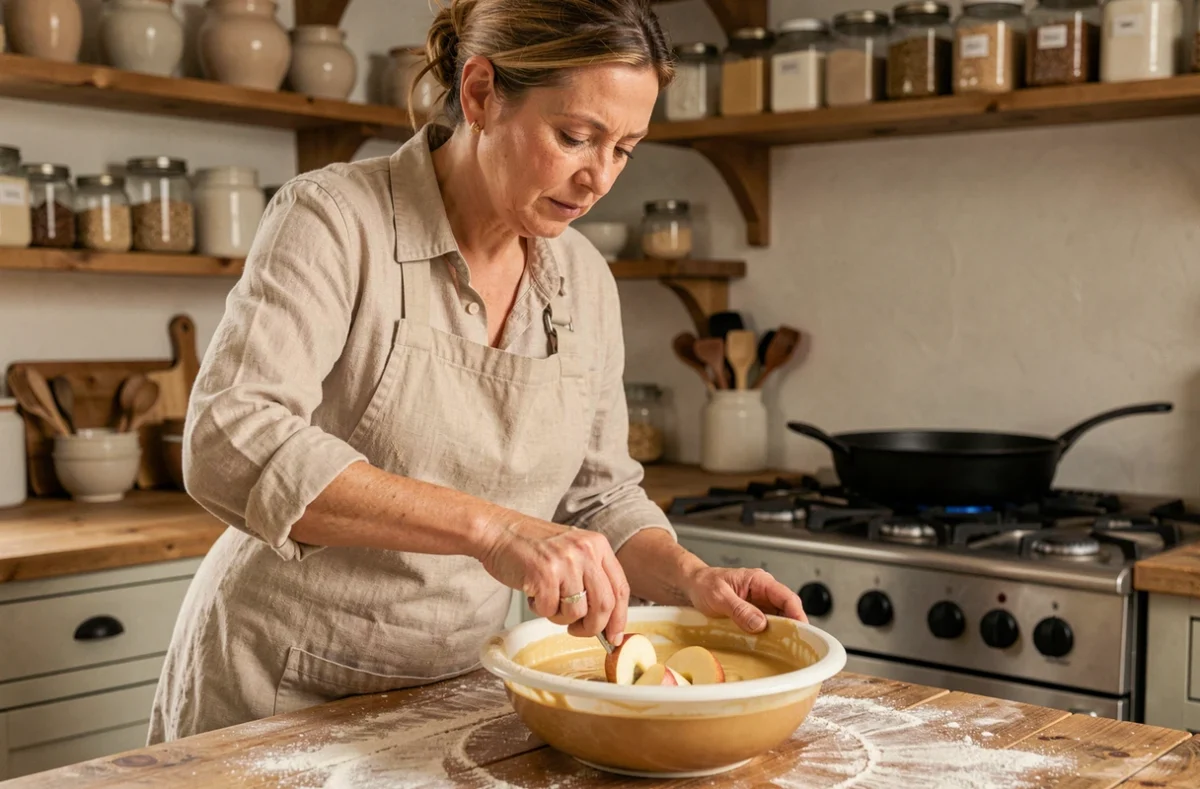 Femme préparant des beignets aux pommes en trempant des rondelles de pomme dans une pâte à frire dans une cuisine rustique