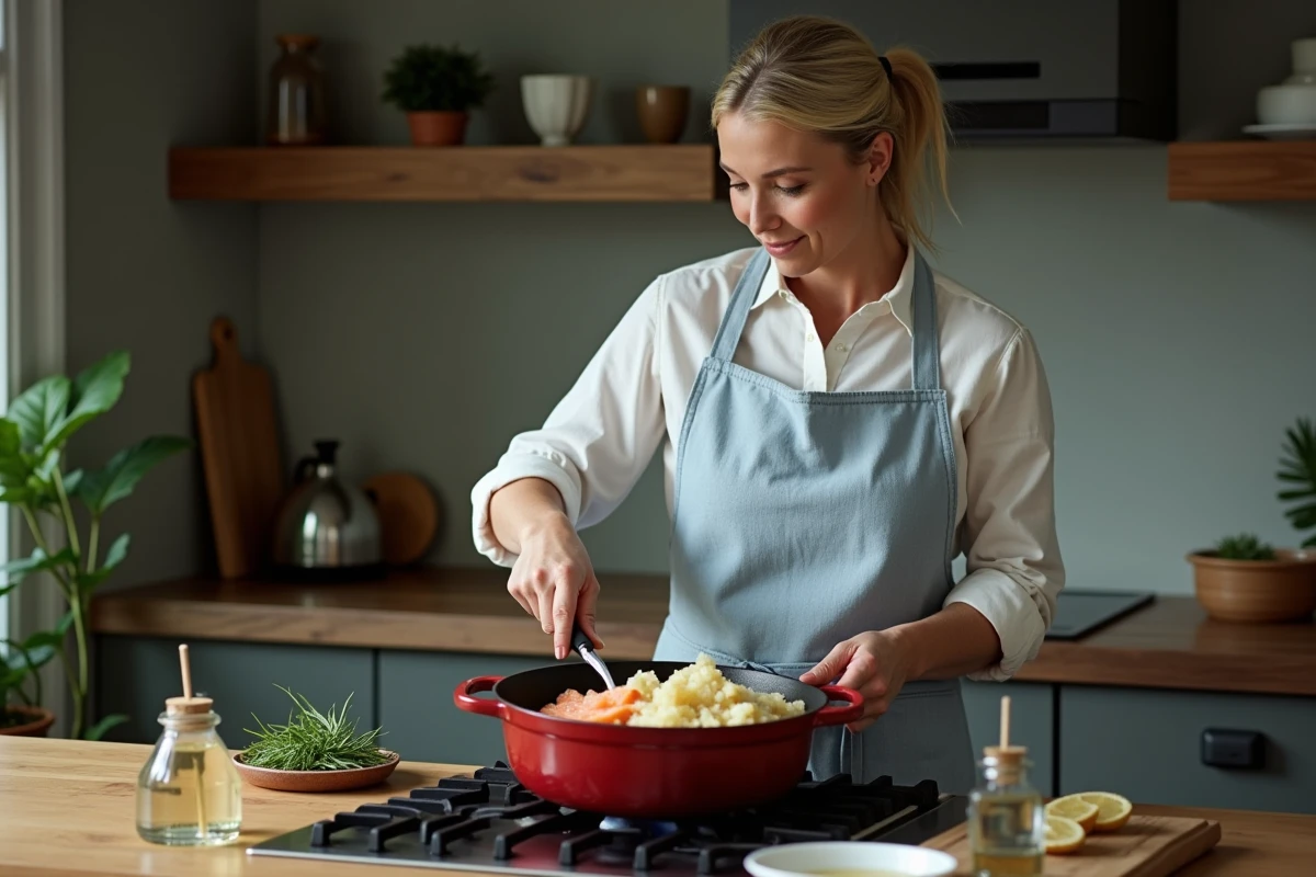 Femme préparant une choucroute aux poissons avec saumon et poisson blanc dans une cuisine équipée d'une hotte aspirante