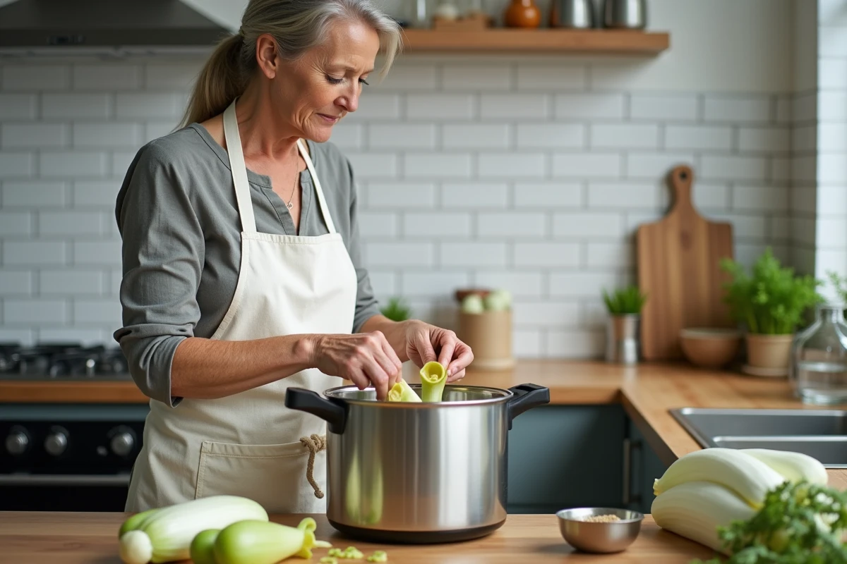 Femme préparant des endives fraîches dans une cocotte minute sur un plan de travail de cuisine moderne