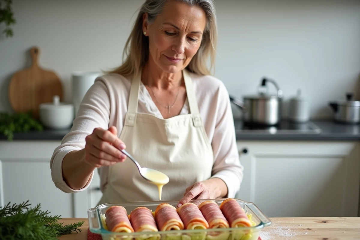 Femme préparant des endives au jambon en versant une béchamel légère dans un plat à gratin