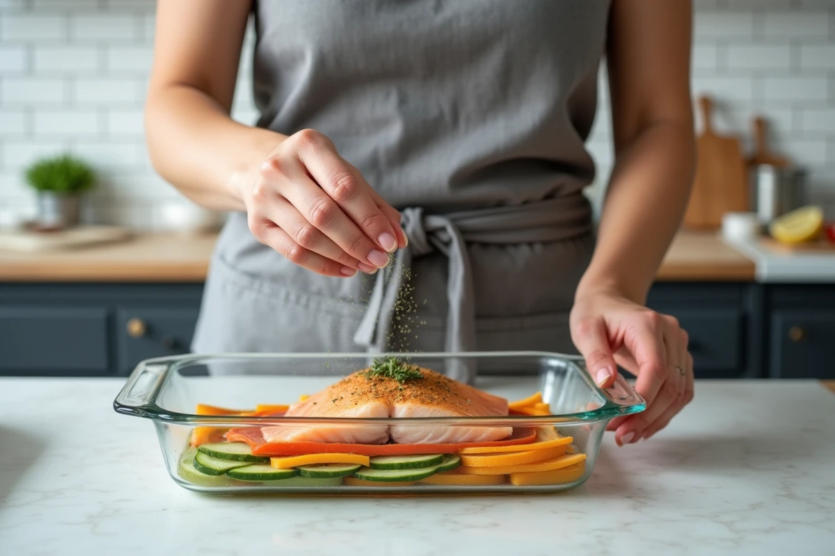 Femme préparant un filet de julienne au four en disposant des légumes en julienne dans un plat en verre sur un plan de travail en marbre
