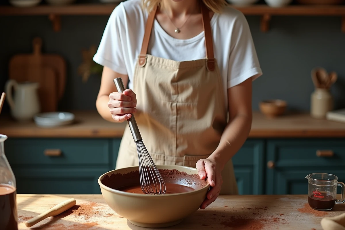 Femme préparant un gâteau au chocolat moelleux à la main dans un bol en céramique, cuisine rustique en bois